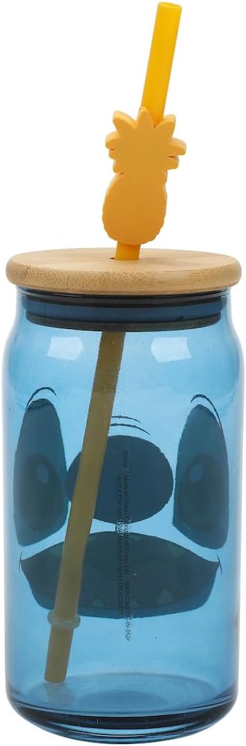 Disney Stitch Big Face 15 Oz Blue Glass Bottle With Straw & Lid