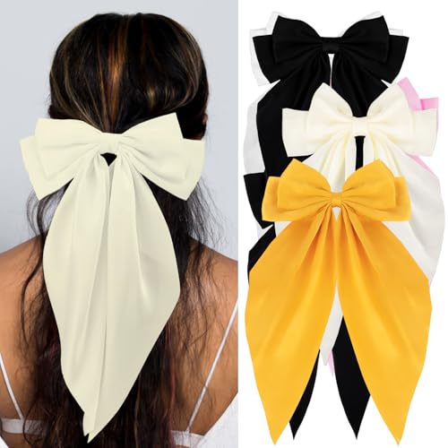 Silky Satin Hair Bows, Oversized Long Tail Bows with Barrette Clips, Coquette Hair Accessories for Women and Girls (Black - Beige - Yellow)