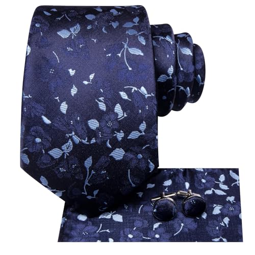 Image of Dubulle Mens Navy Blue Floral Paisley Striped Tie and Handkerchief Cufflinks Tie Set for Men Wedding Business Formal