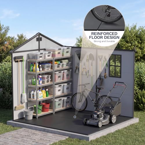 Image of Greesum 8x8FT Resin Shed with Floor, All-Weather Resistance, Light Gray | All-Weather Protection (Rain /Snow /UV) | Sloped Leak-Proof Roof | Heavy-Duty Reinforced Base | Lockable & Well-Ventilated