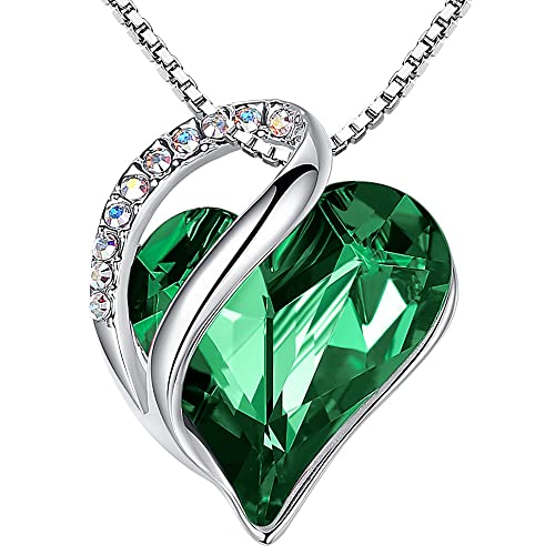 Leafael Women’s Silver Plated Infinity Love Heart Pendant Necklace with Emerald Green Birthstone Crystal for May, Jewelry Gifts for Her, 18 + 2 inch Chain, Anniversary Birthday Necklaces for Wife Mom