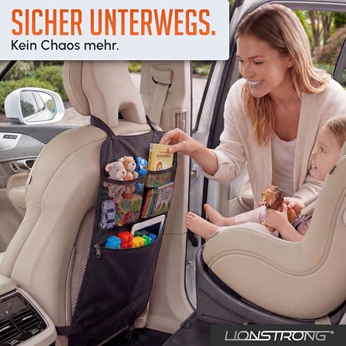LIONSTRONG® Auto Organizer Kinder Rücksitz schwarz [WASSERDICHT] - Rückenlehnenschutz Auto Kinder universell kompatibel - Autositz Organizer - Sitzschutz Rückenlehne - große Tasche
