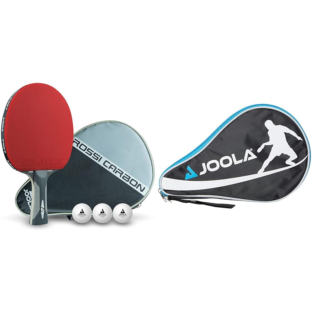 Joola Uniseks Rosskopf Carbon, 54208 Zestaw do Tenisa Stołowego, Wielokolorowy, 29,5 x 19 x 6,5 cm; 259 grammes & Joola Uniseks 80501 Pokrowiec na Rakietkę, Niebieski