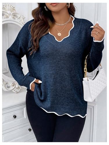 Image of MakeMeChic Women's Plus Size Scalloped Trim Cozy Sweater Cute Pullover | V Neck, Long Sleeve, Oversized, Comfy, Light, Fall Sweaters