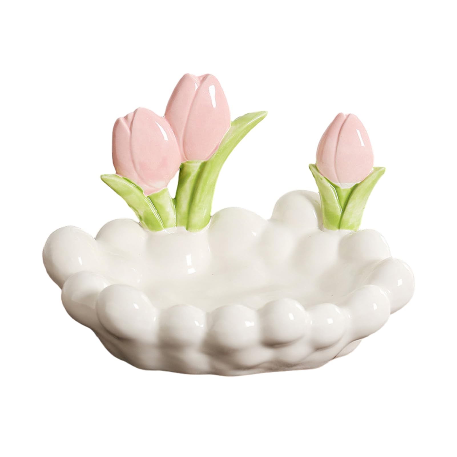 Glifora Ceramic Tulip Key Dish - Pink Flowers Jewelry Dish, Decorative Desktop Organiser for Jewelry, Watch, Entryway, Bedroom and Dresser