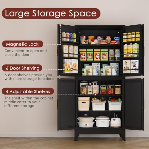 Image of PAOFIN 75 inch H Metal Storage Cabinet, Pantry with 6 Door Shelves and 4 Adjustable Shelves, Leveling Foot for Kitchen, Living Room and Dinning Room, Black