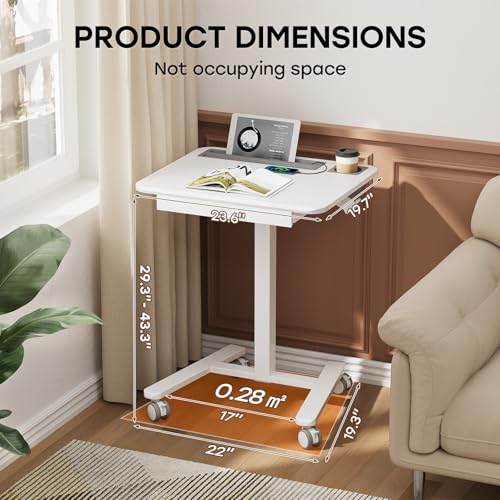 Image of Small Mobile Standing Desk with Drawer, 23.6 inchx19.7 inch Rolling Laptop Cart on Wheels, Height Adjustable Sit Stand Computer Workstation with Storage for Compact Space, White