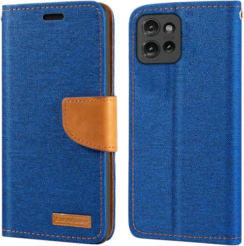 Image of ClickCase Canvas Series for Motorola Edge 60 Pro Cloth & Pu Leather Wallet Flip Case Kick Stand Magnetic Closure Flip Cover for Motorola Edge 60 Pro (Blue)