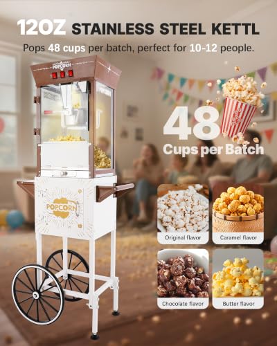 Image of 12 oz Commercial Popcorn Machine Cart with Candy Dispenser, Pop Corn Machine Maker Makes Up to 48 Cups, Movie Theater Popcorn Machine with 3-Switch Control&Stainless-Steel Kettle, White