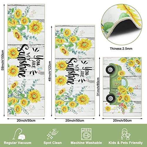 Ileading Kitchen Rugs Sets 3 Piece, Farmhouse Sunflower Non Slip Kitchen Floor Mats Machine Washable Standing Mat, Summer Sunshine Floral Decor Carpet Runner For Dining Room Sink Hallway(Wood) #TOP3