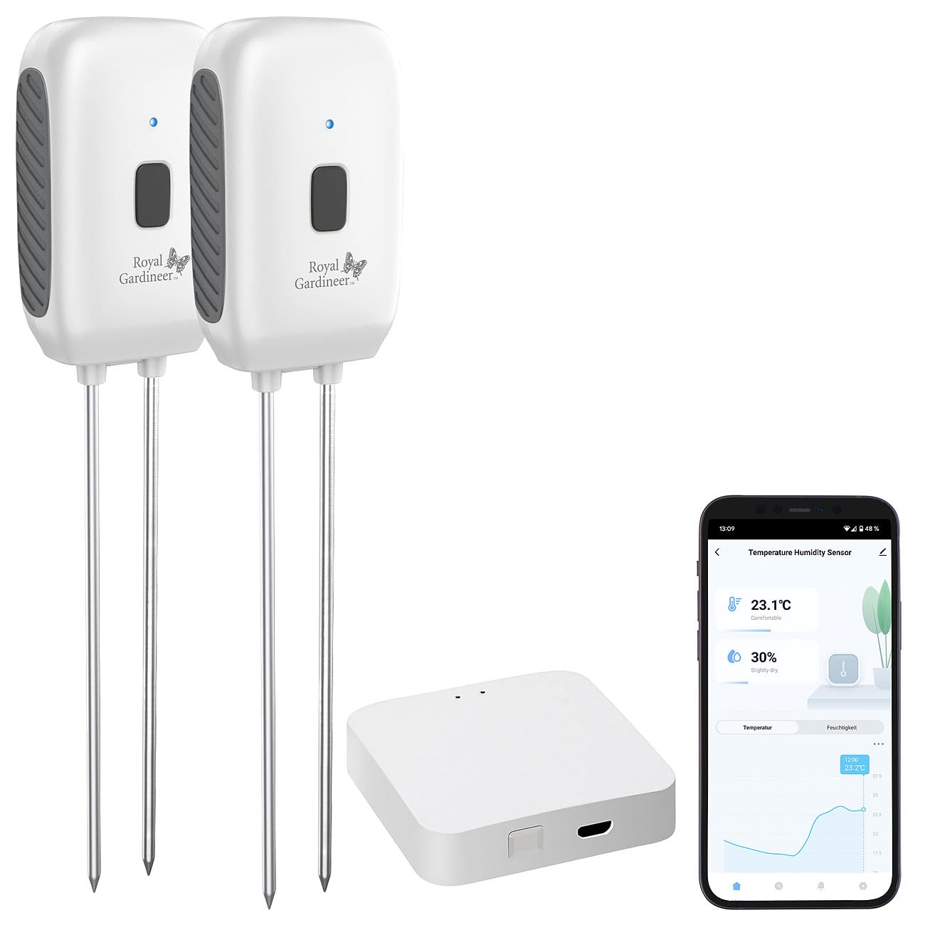 Royal Gardineer Bodenfeuchte Messgerät: 2er-Set Boden-Feuchtigkeits-&Temperatur-Sensoren mit WLAN-Gateway, App (Feuchtigkeitsmesser Pflanzen Apps, Humidity Sensor, Thermo)