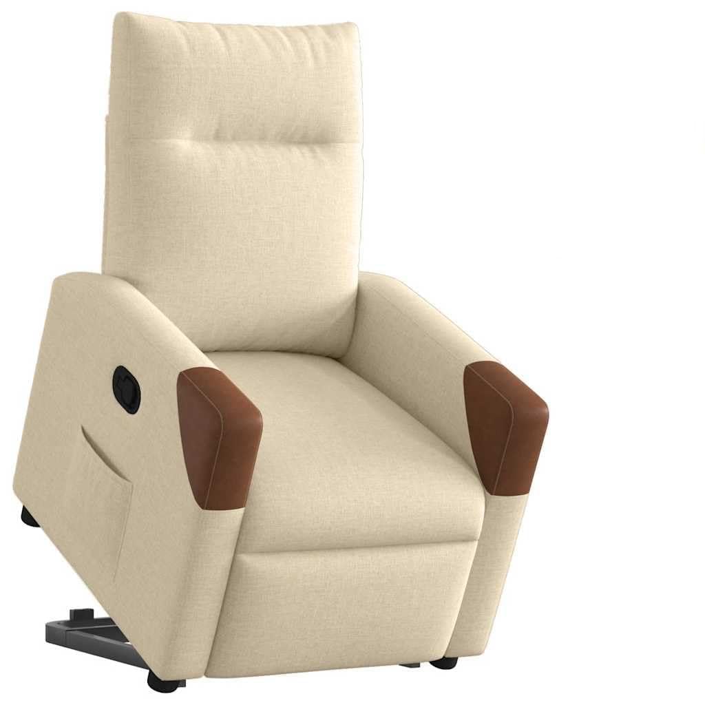 Sillón elevador eléctrico reclinable de tela color crema con función de elevación automática y reclinación manual a 135 grados, estructura estable de madera y metal, bolsillo