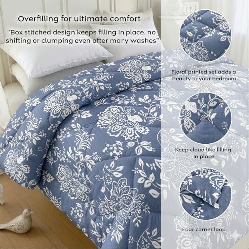 Image of AYKA Reversible AC Comforter 150 GSM Microfiber Summer Blanket Single Bed (60x90 Inches) | Floral Design Cooling Quilt for AC Room | Soft Breathable Duvet Blue & White