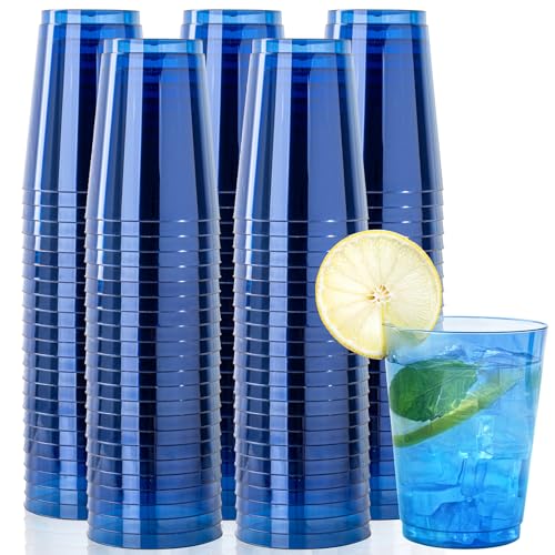 Image of DaYammi 100 Pack Clear Blue Plastic Cups 10 Oz - Heavy Duty Blue Disposable Cups,blue Party cups Disposable Tumblers for Wedding,Birthday,Cocktails & Celebrations Reusable Drinking Glasses