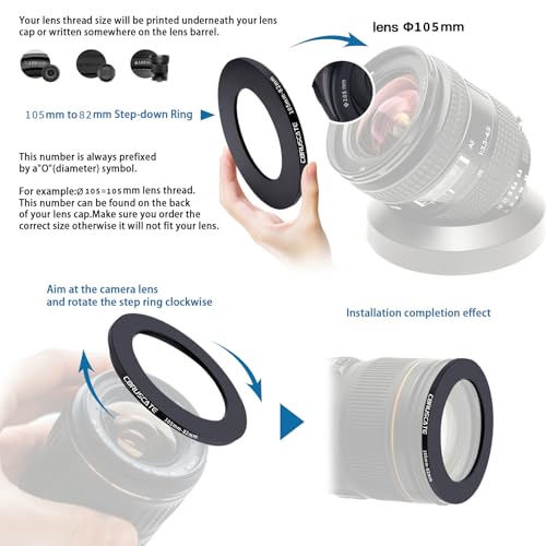 Anillo Adaptador de Filtro para Cámara 105 mm a 82 mm, Anillos Metálicos Adaptadores de Lente Compatibles con Todas las Lentes de 105 mm y Accesorios de 82 mm + Paño de Limpieza para Lentes miniatura 4
