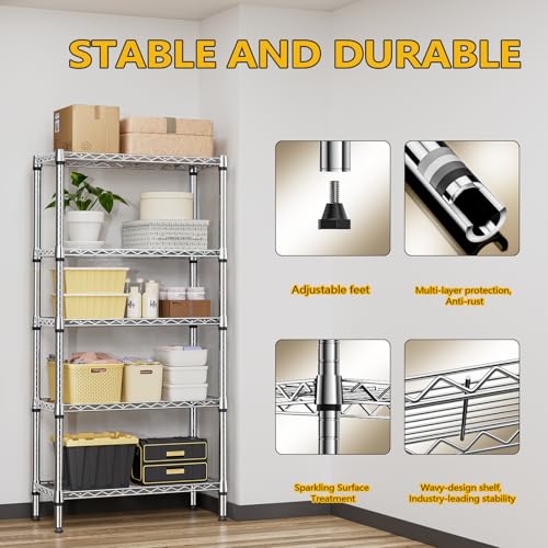Image of M MZG 1250 lbs 5 Tier Shelf Metal Storage Shelves Shelving Wire Rack Heavy Duty Closet Organizers for Garage Kitchen Bathroom Laundry Chrome 13.8 inch D x 29.5 inch W x 59.5 inch H