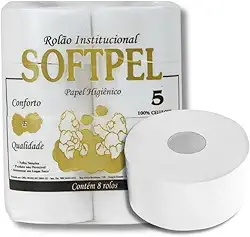 Papel Higiênico Softpel, Rolão 10cm x 200m, Celulose 100%, 8 Unidades