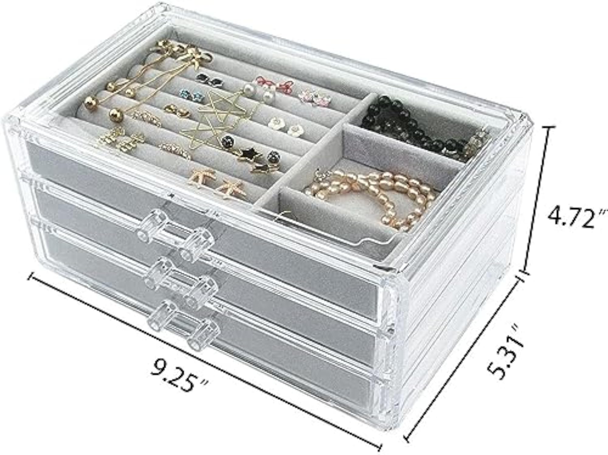 Acrylic Jewelry Box with 3 Drawers, Velvet Organizer