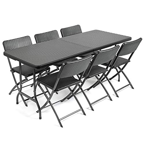 CHRISTOW Garden Table and Chairs Set 6 Seater Rattan Effect Folding Patio Furniture (6ft)