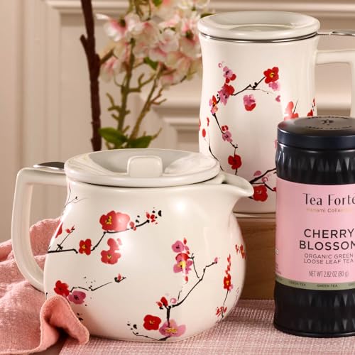 Image of Tea Forte Ceramic Teapot with Infuser, Sakura Cherry Blossom, 24 oz | Floral Patterned Ceramic Teapot & Lid - Stainless Steel Loose Leaf Tea Infuser - Microwave & Dishwasher Safe