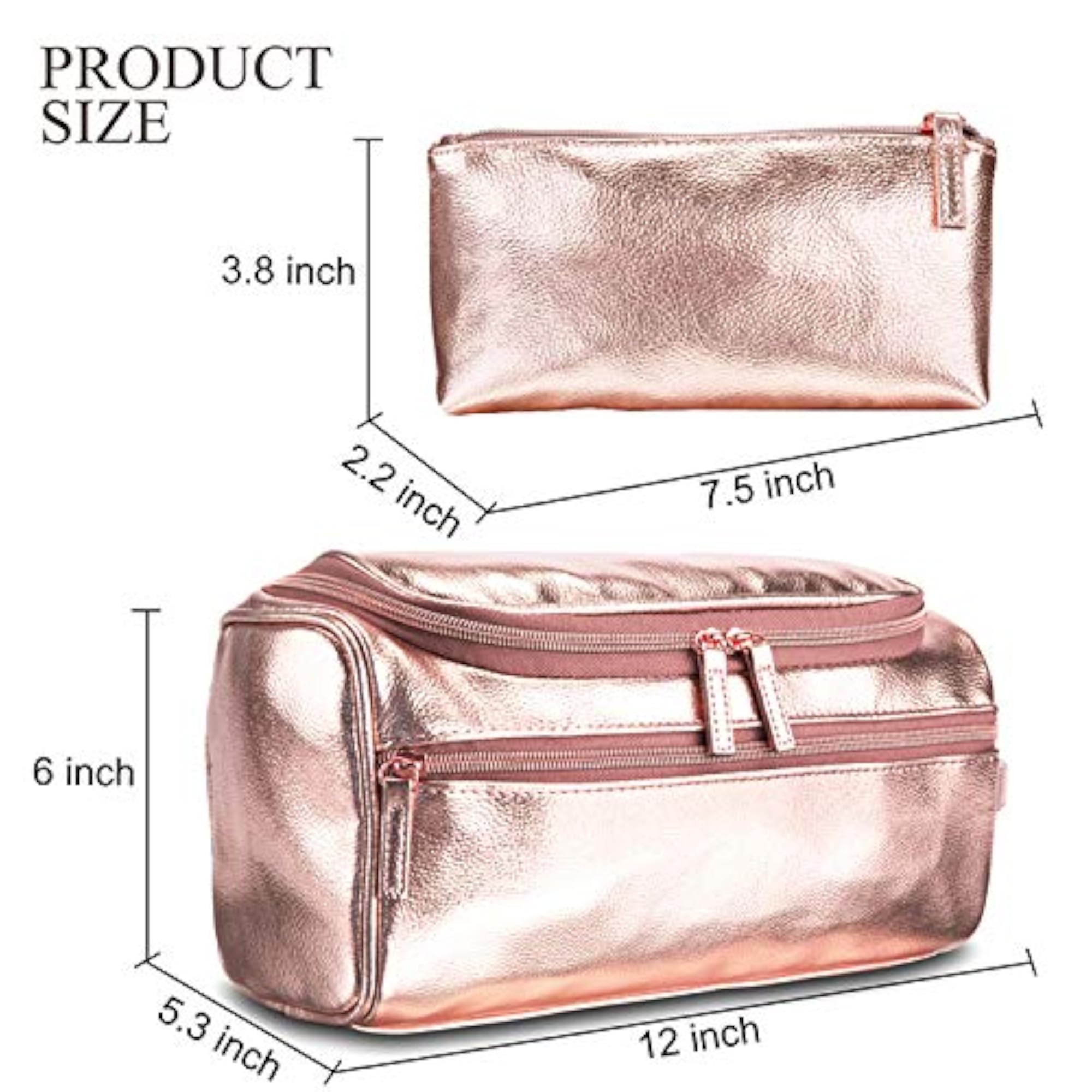 2PCS Women Makeup Bag Zipper Pouch, Fake Leather