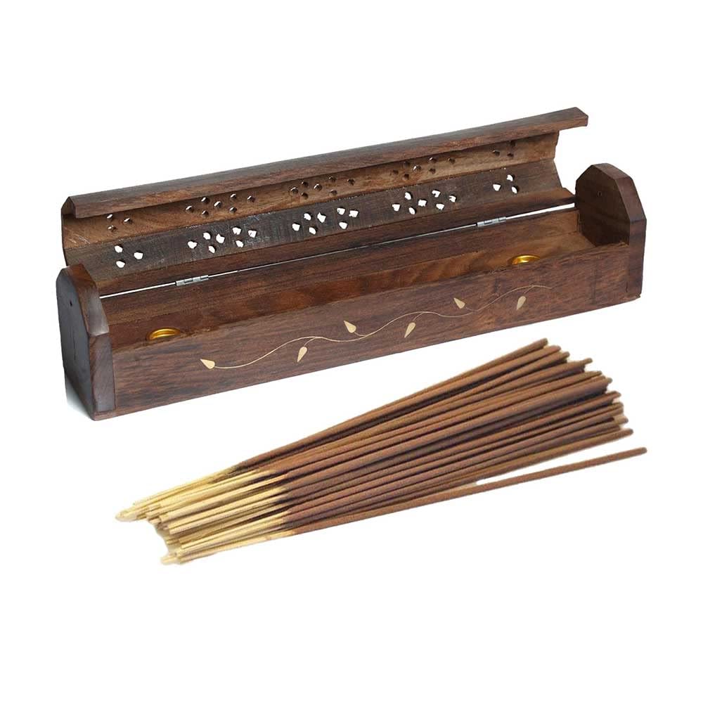 VR Angel Wooden Incense Stick Holder Storage Box With 10-15 Incense Sticks, Handmade Brown Coffin Box, Ash Catcher With Brass Inlay, Perfect for Any Occasion (Liana Design)