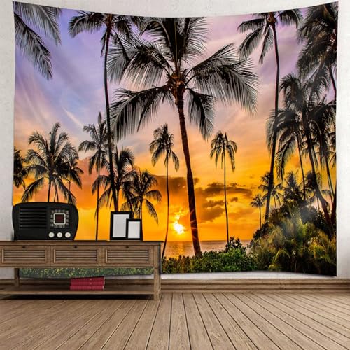 Coucher de soleil cocotiers imprimé sur tenture murale pour chambre d'enfant