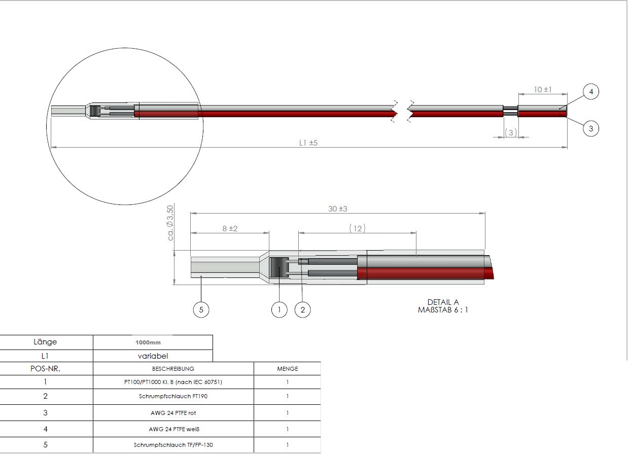 PT1000 Klasse B nach DIN EN 60751 - Temperaturfühler/Temperatursensor Kaltleiter 3 Stück, Temperaturmessung, AWG 24 rot/weiß