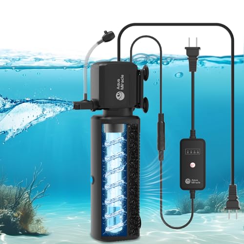 AquaMiracle Aquarium Filter with U - V Light & Filter Sponge, Fish Tank Filter with Timer for Green Water, Turtle Filter with Aeration & Rainfall Mode for Aquarium 20-70 Gallon