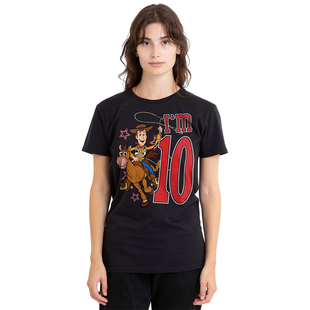 Disney Women's Black Toy Story Birthday Woody I'm 10 T-Shirt, In | Size: Medium