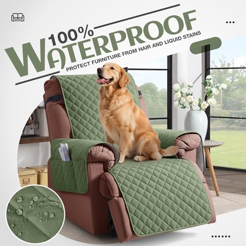 Image of KinCam 100% Waterproof Recliner Chair Cover, Reclining Couch Covers for Pets, Dogs, Recliner Couch Slipcover Furniture Protector with Elastic Straps for Kids(30 inch, Cactus Green)