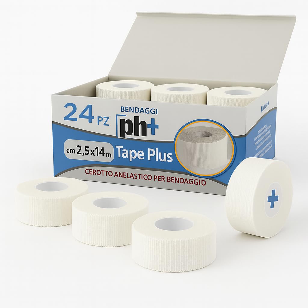 Nastro Sportivo Premium 2,5 cm x 14 m - Tape Professionale Anelastico, Ipoallergenico per Fasciature Sportive - Adatto a Tutti Gli Sport, Bianco Conf 24 Pezzi