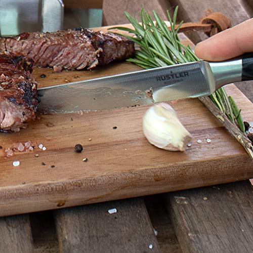 Foto von Rustler Steakmesser 4er Set aus Edelstahl Steakbesteck mit ergonomischen Stahl-Griffen Micarta-Holz und Drei-Nieten-Design inklusive hochwertiger Holz Aufbewahrungsbox