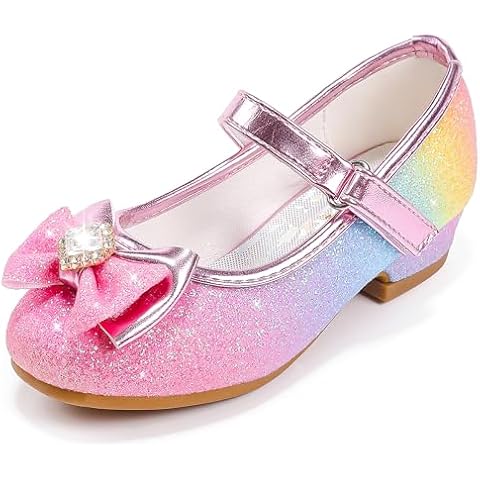 Furdeour Dress Shoes for Girls Size 10 Rainbow Colorful Princess Dress Up Shoes Wedding Flower Flats Bridesmaid Little Kids Party High Heel Glitter Shoes(2701Rainbow 10) Cover