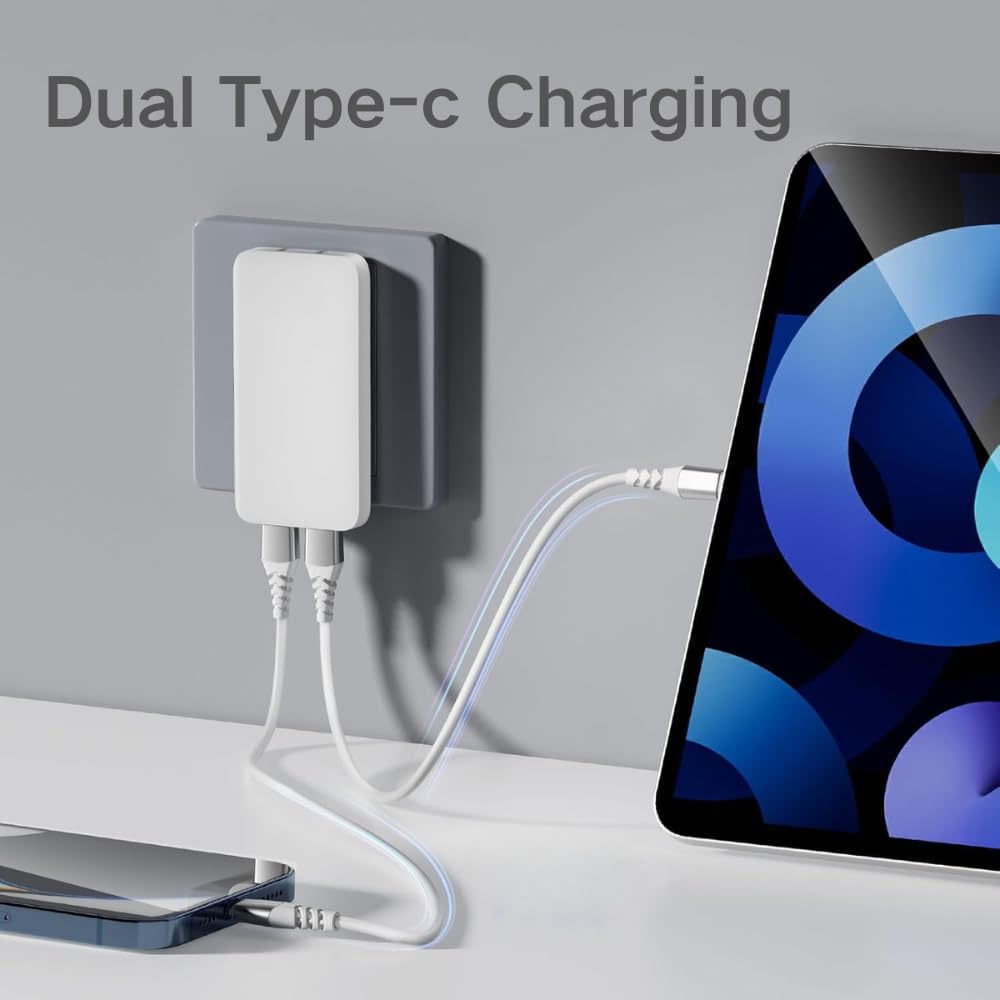 Ładowarka USB C 45W, płaska ładowarka ścienna USB, ultracienki zasilacz do iPhone'a 14 15 16 17 Pro/Max Samsung Galaxy, szybkie zasilanie PD z USB-C USB-A (2*USB-C)