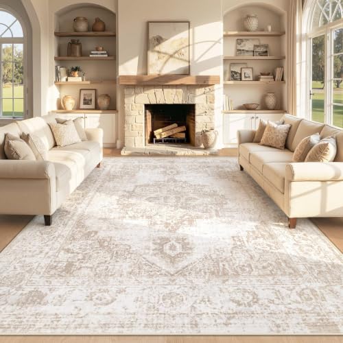 Image of Area Rug 8x10 Vintage Rug: Large Washable Indoor Medallion Rugs Low Pile Distressed Floor Carpet Retro Accent Rug for Living Room Bedroom Kitchen Dining Table Home Office(Beige, 8'x10')