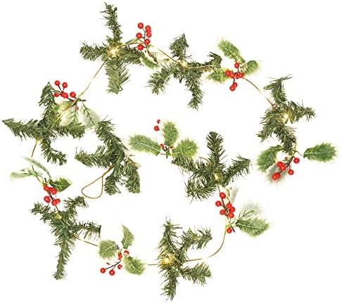 GloBrite Berry & Leaf Garland with 20 LED Christmas Lights - Battery Operated 2 Meter Copper Warm White LED Fairy String Lights for Xmas Wedding Decoration Party Event