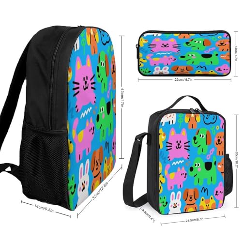Cartoon Animals 3pcs Lightweight Travel Backpack Printed Backpack With Lunch Pack Storage Box Case2