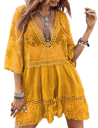 Image of Eomenie Women's Contrast Lace Bathing Suit Cover Up V-Neck Swimsuit Coverups Loose Swimwear Beach Dress Beachwear