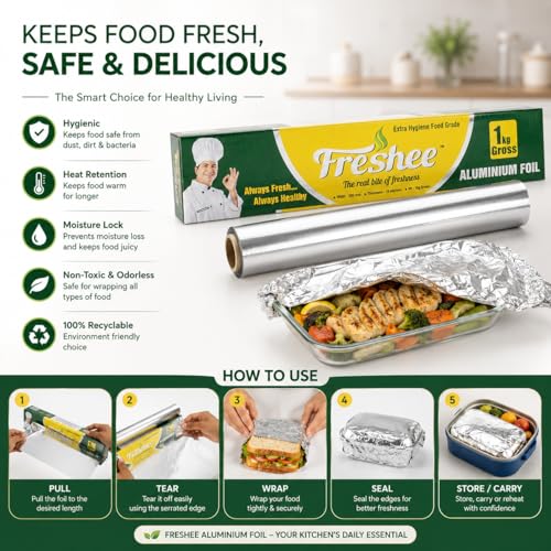 Image of Freshee Aluminium Foil Paper for Food Wrap 1 Kg Gross | 18 Micron Roll for Roti Paratha Sandwich Wrapping Cooking Baking Grilling | Hygienic Foil for Kitchen Office Use | Keep Food Fresh & Warm Pack 3