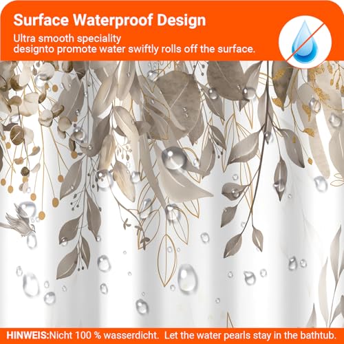 Lerores Shower Curtain, 240 x 200 cm, Grey Autumn Leaves, Weighted Hem, Anti-Mould, Water-Repellent - Image 2