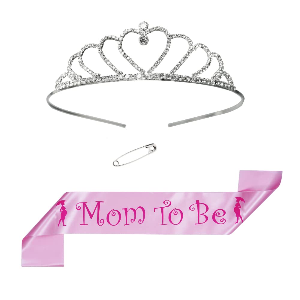 GenericMom to Be pink Sash with heart Rhinstone Heart Shape crown tiara set 2 pc combo set for Beautiful Mom to Be | Decoration set