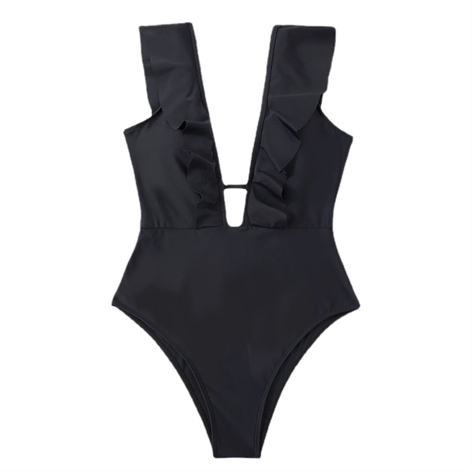 Damski jednoczęściowy strój kąpielowy z dekoltem w szpic, falbaną Monokinis stroje kąpielowe kostiumy kąpielowe typu crossback bikini (kolor: czarny, rozmiar: M) (czarny M)