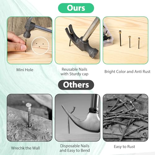 Image of 120Pcs Wall Nails for Hanging Pictures, 3 Sizes Decorative Picture Hanging Nails Kit Photo Frame Hangers, Black Steel Pins & Brass Head Pictures Hanging Hardware for Drywall Painting Home Decor