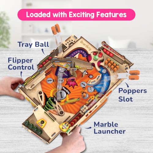 Image of Smartivity DIY Pinball Machine STEM Toy for Kids Ages 8 9 10 11 12 13 14 | Wooden Construction Kit | Pinball Machine for Kids 8-14 | Birthday Gift Boys Girls | Family Party Game