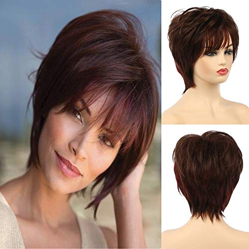Baruisi Short Wine Wigs for Women Highlights Synthetic Layered Hair Wig for Party Daily