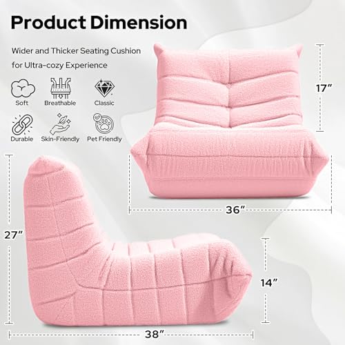 Image of Bean Bag Chairs Fireside Lazy Floor Sofa,Single,Pink | Soft Teddy Fleece Bean Bag Sofa with High-Resilience Foam Filling,Beanbag for Living Room, Bedroom, Office