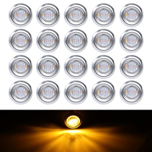 TMH (Pack of 20) 3/4 Inch Mount Clear Lens Amber LED + Stainless Ring Cover Grommet Clearance Bullet Marker lights, Side LED marker Indicator Turn Signal for trailer Truck RV Car Bus Van