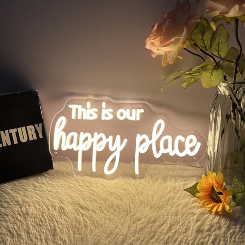 Image of This is Our Happy Place Neon Sign Happy Place Neon Signs for Wall Decor Dimmable Warm White LED Signs for Bedroom Classroom Man Cave Home Bar Birthday Party Decor Neon Classroom Sign