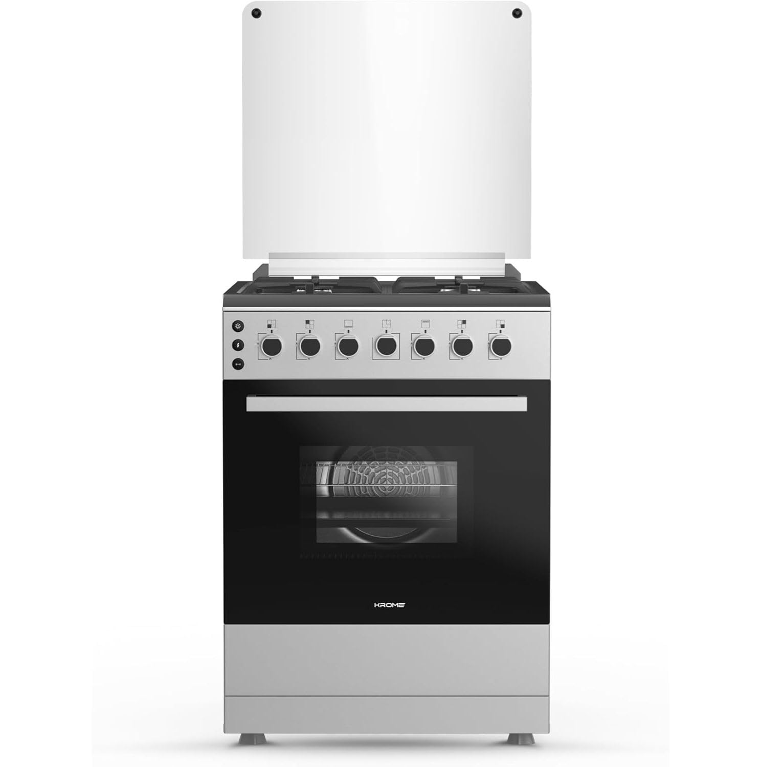 KROME 60x60cm Free Standing Cooker, Cast Iron,Gas Oven, Full Gas Ignition with 4 Burners, Stainless Steel Cooking Range, Double Burners in Oven, Full Safety, MADE IN TURKEY, INOX, KR-CR606O